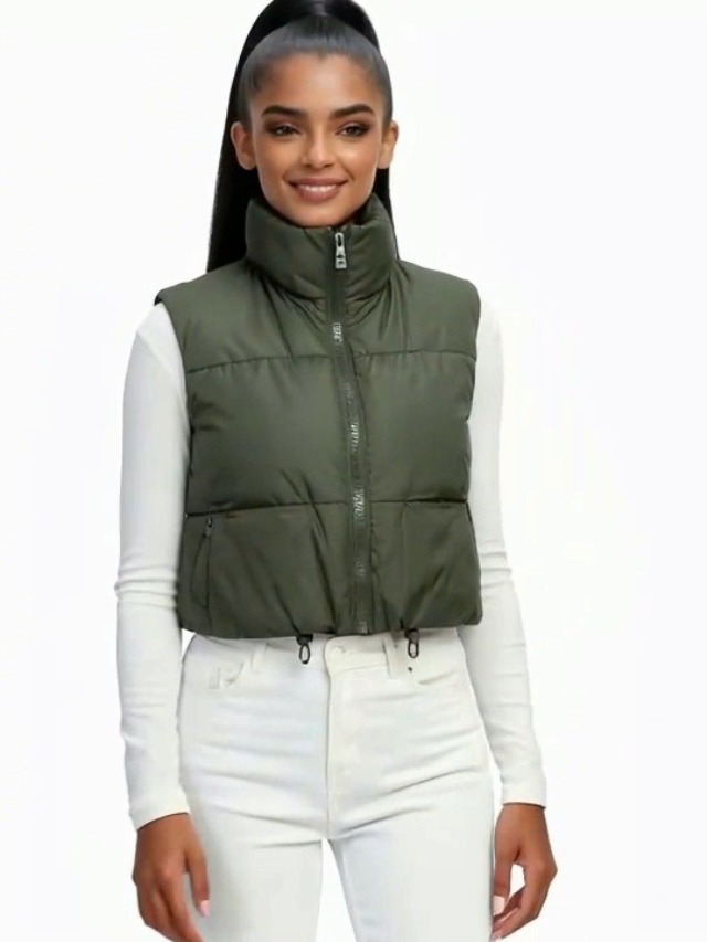 Fuinloth Women's Padded Vest, High Stand Collar Lightweight Zip