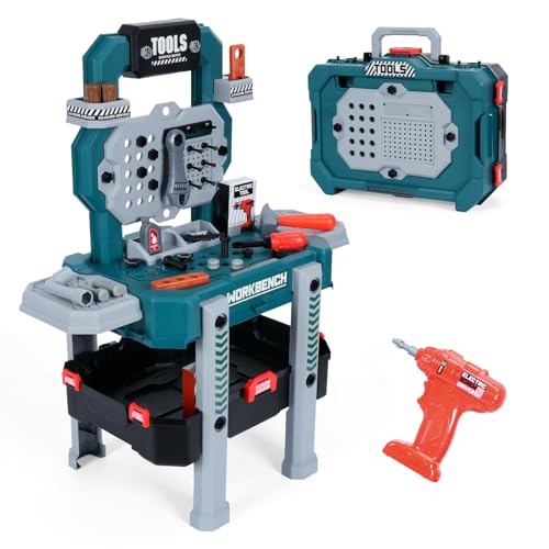 Kids Tool Bench Set with Electric Drill and Realistic Tool, 2-in-1 Pretend Play Construction Workbench Toys for Boys & Girls, Ages 3+, Blue