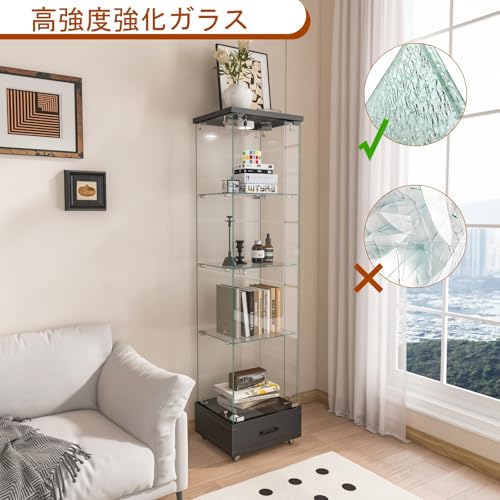 LED照明付き 鍵付き ガラスディスプレイキャビネット コレクションケース 強化ガラス 1ドア4段棚 引き出し収納付き ショーケース ディスプレイラック リビング 寝室用 (ブラック) [2]