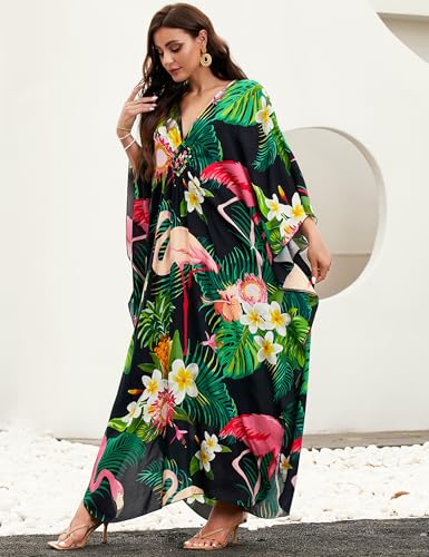 Image of MAKABO Kaftan Dresses for Women, V Neck Moo Moos Colorful Print Cover Ups Caftan Beach Dresses for Swimwear