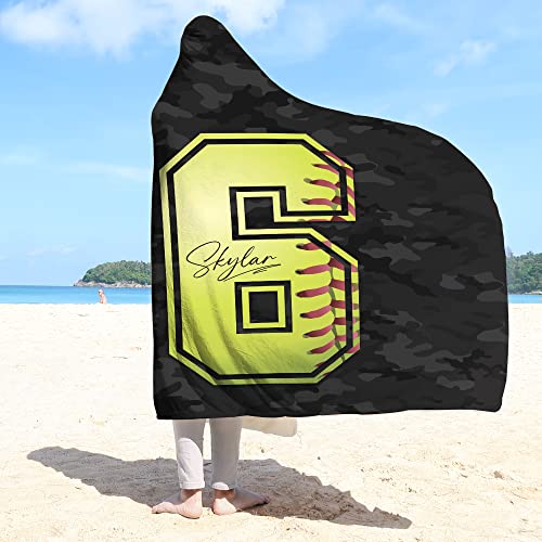 Ohaprints Custom Softball Ball Pattern Camoflage Black Grey Player Fan Gift Personalized Name Number Sherpa Hoodie Blanket Soft Travel Camping Wearable Hooded Blankets Cape Wrap Plush Fuzzy Comfy Cozy #TOP4