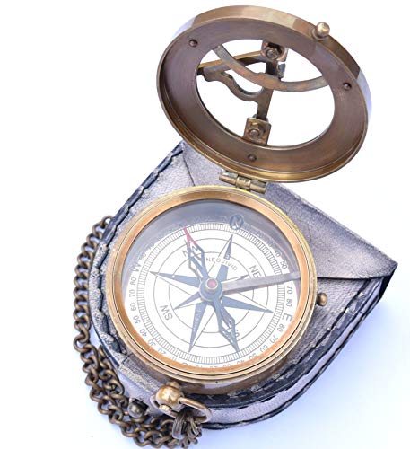 NEOVIVID Messing-Sonnenuhr-Kompass mit Kette und Lederetui - Marine Nautical - Sonnenuhr - Steampunk Zubehör