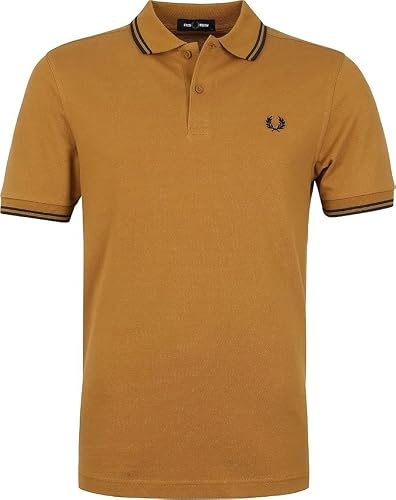 Image of Fred Perry Mens Plain Polo Shirt M3600 100% Cotton in Dark Caramel Tipped with Black Size Large