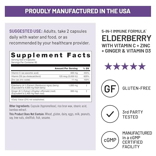 Image of NatureWise Elderberry Vitamin C and Zinc for Adults - Sambucus Black Elderberry and Ginger & Vitamin D3 5000IU - 5 in 1 Immune Support - Non-GMO - USA Manufactured - 120 Veggie Capsules[60-Day Supply]