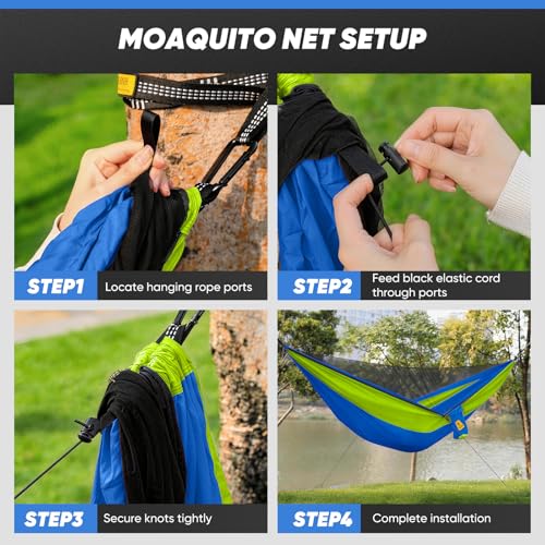 Image of Small Camping Hammock with Mosquito Net, 450 lbs Portable Hammock with Tree Straps, 2-in-1 Double /Single Travel Hammocks, Hammock for Outside /Indoor /Backpacking /Beach - Lake Blue & Green