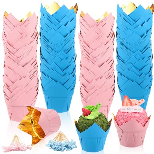Vesici 200 Pcs Tulip Cupcake Liner for Baking Pink and Blue Tulip Baking Cups Gender Reveal Muffin Liner Greaseproof Paper Cup Wrappers Baby Shower Cupcake for Girl Boy Gender Reveal Party Supplies