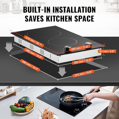 Image of VEVOR Electric Ceramic Cooktop, Built-in Electric Stove Top,12inch-2burners 220V, with Glass Panel, Knob Control, 11 Heat Levels, for Diverse Cooking Requirements