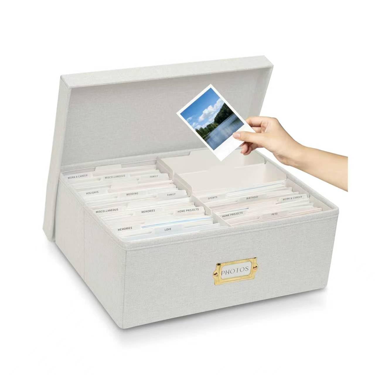 kroucoco Linen Photo Storage Box,hold up to 1700 Photos of 4x6”,Photo Containers with Dividers,Photo Storage Organizer with Lid for Cards,Pictures,Stickers,Scrapbooks,Stamps (Beige)