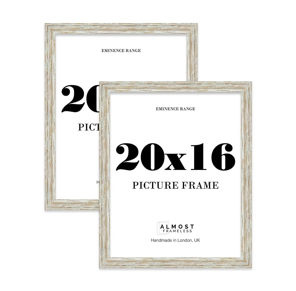 20x16" Distressed White Oak Picture Frame - Rustic Wood Industrial Effect Photo Frame for Wall Display, Ideal for Posters, Prints & Home Décor, Wall Hooks, 32mm Edge - 2 Pack