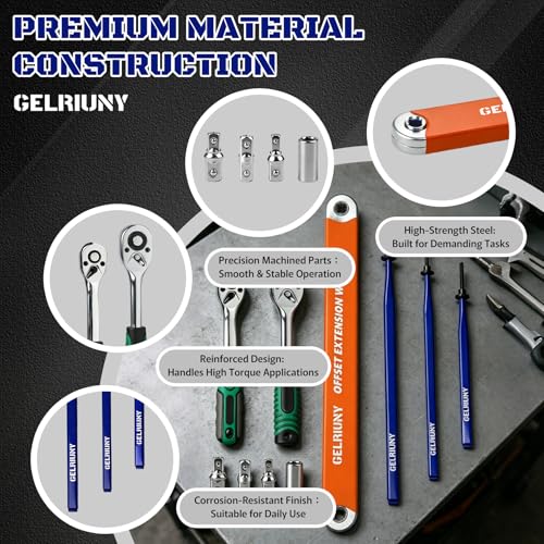 Image of 6 Pcs Offset Extension Wrench Set, 3 Extension Clamps with 24T&72T Ratchets | Includes 1 /4 inch 3 /8 inch 1 /2 inch Drive Adapters. Premium forged offset wrench kit for auto, DIY and all hard-to-reach tight spaces
