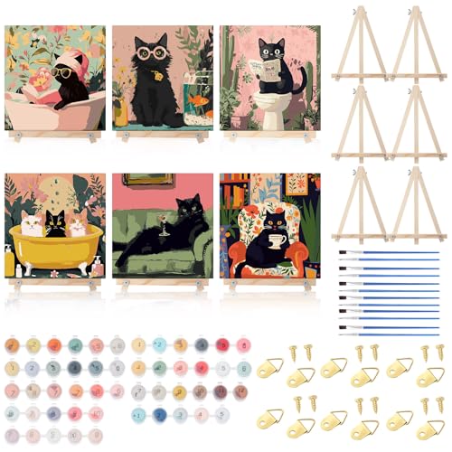 YooNotee 6 Pack Black Cat Paint by Numbers Kit on Canvas with Wooden Easels & Brushes 8x8 Inch Black Cat Adult Paint by Number Kits on Canvas Framed DIY Number Paintings for Adults for Wall