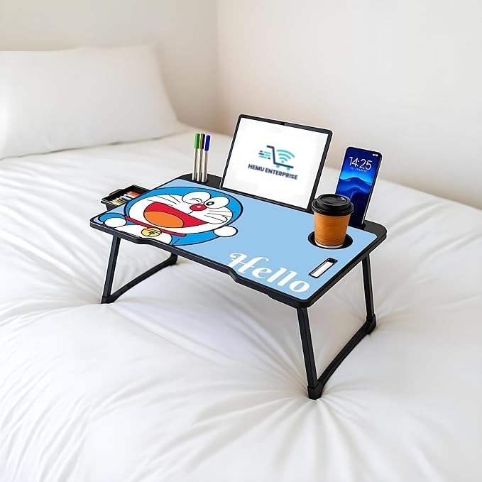 Image of Foldable Wooden Mini Laptop Table for Bed, Study Table with Drawer, Mobile Holder(COTTED DOREMON)