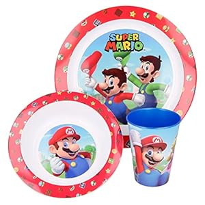 Magnetronbestendig, herbruikbaar kinderservies bestaande uit bekers, borden en Super Mario-kom