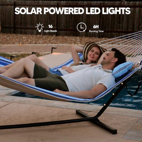 Image of SUNCREAT Double Hammock with 12 ft Stand, Solar Powered Lights, Blue White
