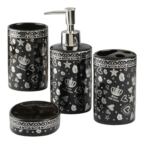 Image of SaSaSa Ceramic Bathroom Accessories Set of 4 Modern Bath Set with Soap Dispenser & Toothbrush Holder, Luxury Home & Gift Idea, Black /Silver (10463)
