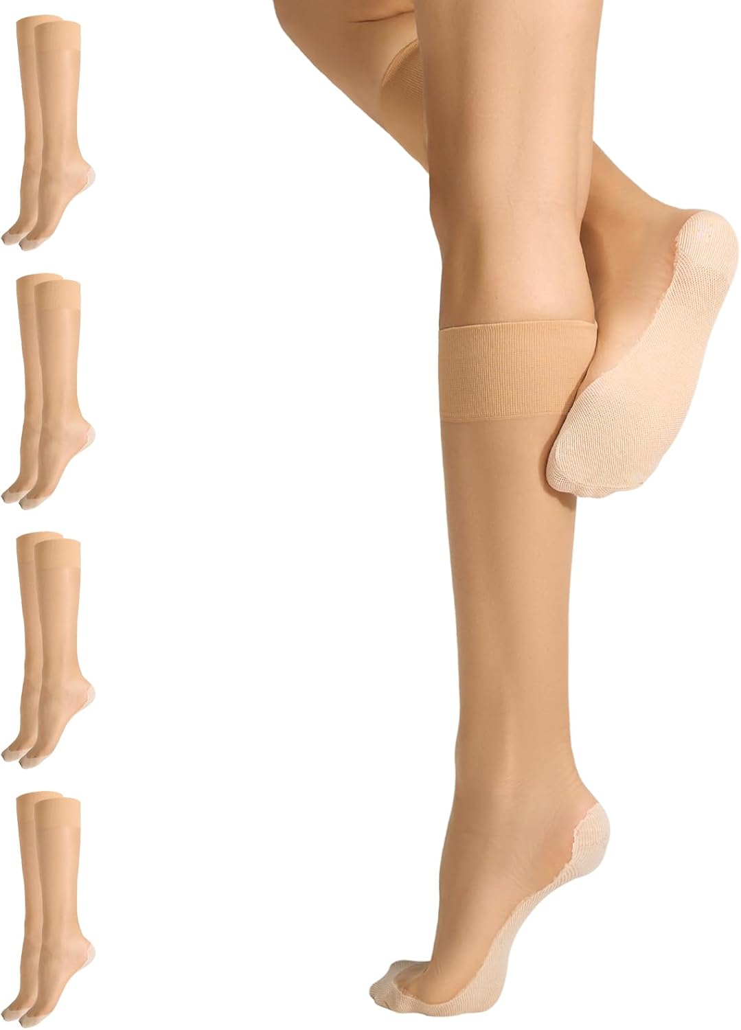 Yilanmy Knee High Stockings for Women Anti-Slip Cotton Sole 4 Pairs Nylon Sheer Trouser Socks with Reinforced Toe