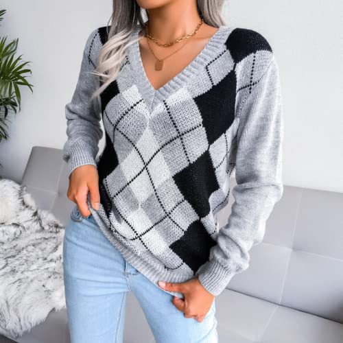 Image of Women's Argyle Plaid Sweater Vest V Neck Sleeveless Preppy Style Knitwear