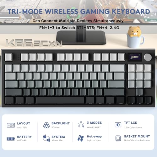 Image of ATTACK SHARK RK86 RGB 75% Wireless Gasket Mechanical Keyboard,3-Mode Bluetooth5.0 /2.4G /USB-C 82 Keys Hot Swappable Gaming Keyboard Side Print Keycaps,4000 mAH Battery w /Knob & Display,Linear Switches