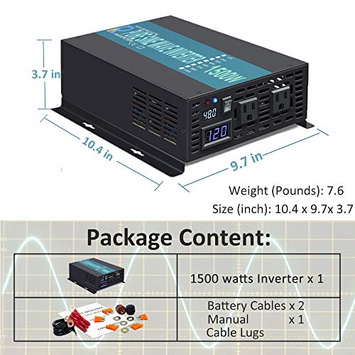 WZRELB Reliable 1500W Full Power High Frequency Pure Sine Wave Solar Power Inverter Off Grid 48VDC to 120VAC Voltage Converter Home Solar Generator(Black)