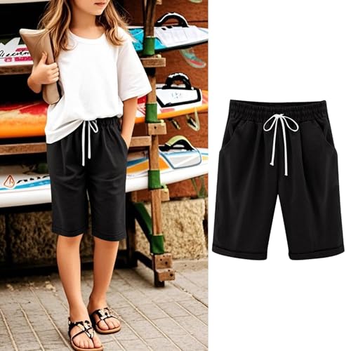 Bermuda Shorts for Girls Knee Length Summer Casual Lightweight Breathable Comfy Linen Long Shorts for Teens Kids 3-13T2