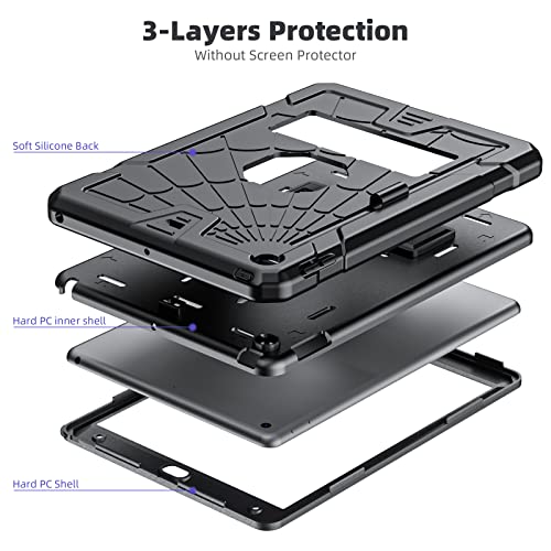 Sibeitu Case for iPad 9th Generation 10.2 Inch 2021 with Pencil Holder, Rugged Shockproof iPad 8th 7th Case 2020 2019 with Kickstand, Heavy Duty Protective Cover for Kids Boys Girls l Black
