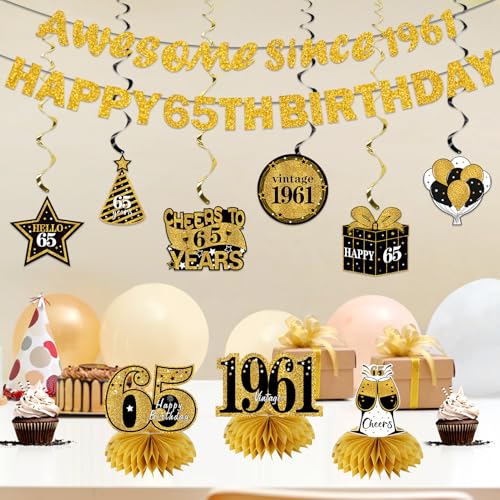 Image of Kuxriox 11Pcs 65th Birthday Decorations Kit for Men Women, Black Gold Happy 65th Birthday Banner, Awesome Since 1961 Centerpieces Swirls Party Supplies, 65 Bday Banner Ceiling Table Topper Sign