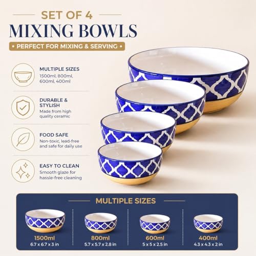 Image of Ceramic Mixing Bowl Set 4 Pieces Yellow Blue - 1500ML 800ML 600ML 400ML Microwave Dishwasher Safe for Mixing Serving Storage