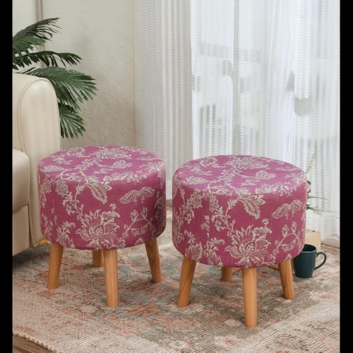 Image of NACIA Printed Ottoman Stool Set of 2 | Soft Cushioned Velvet Pouf Footrest with Wooden Legs | Decorative Seating Stool for Bedroom Living Room Home & Office (16x16x17 Inch, Pink Dmask)