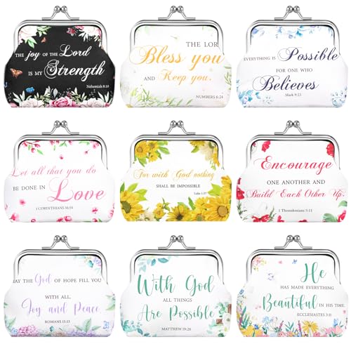 PIAOPIAONIU 9 Pcs Christian Coin Purse Bulk for Women Bible Verse Religious Kiss Lock Change Purses Inspirational Vintage Mini Cute Travel Pouches Wallet Bag for Ladies Mother Teacher Church Gifts