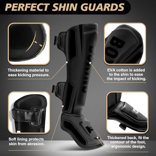Kickboxing Shin Guards Muay Thai Shin Pads for Adult, Adjustable Leg Guards with Instep Protection Shinguards, Martial Arts Training Equipment for Men Women Training MMA (M)
