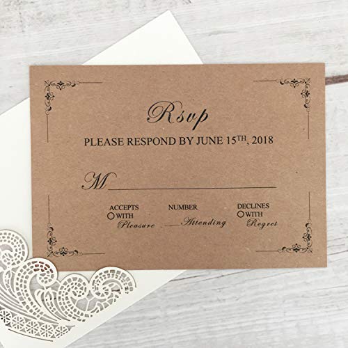 Picky Bride 50 Pcs Rustic RSVP Cards with Return Envelopes, Wedding Invitations Response Cards for Wedding, Ivory Pearl Laser Cutting Lace Covers with Blank RSVP Cards - Set of 50 - Thumbnail 5