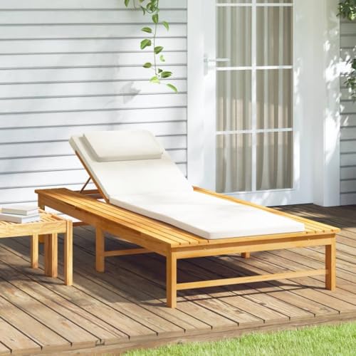 HaoChrymec Tumbona Exterior, Hamaca de Jardín con Cojín y Almohada, Ajustable en 4 Posiciones, Madera Maciza de Acacia, Estructura Resistente, Silla Playa,Blanco Crema, 200 x 95 x 32/80 cm