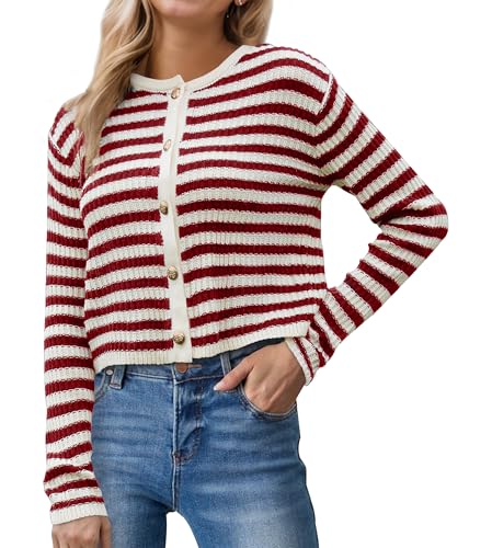 Womens Striped Cardigan Sweaters Button up Long Sleeve Fall Outfits Knit Sweater Cropped Cardigans Casual Jacket Coat