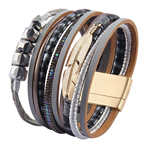 Gelconnie Wrap Bracelets For Women Feather Cuff Bracelet Multilayer Bohemian Bracelet Boho Jewelry Crystal Bracelet Leather Wristbands Jewelry Gift For Sisters, Teen Girls And Mother #TOP6