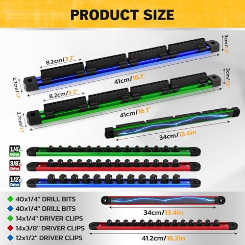 Image of 5-Piece Magnetic Socket & Bit Organizer Kit, 1 /4 inch 3 /8 inch 1 /2 inch Heavy Duty Socket Holder Holds 40 Clips, Aluminum Sockets Rail for Tool Box Drawer, 1 /4 inch Slidable Drill Bit Organizer Holds 80 Bits