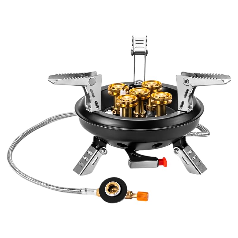 Estufa de gas portátil for acampar 16000 W, quemador propano butano alta presión, estufa emergencia for exteriores con encendido piezoeléctrico(Black)