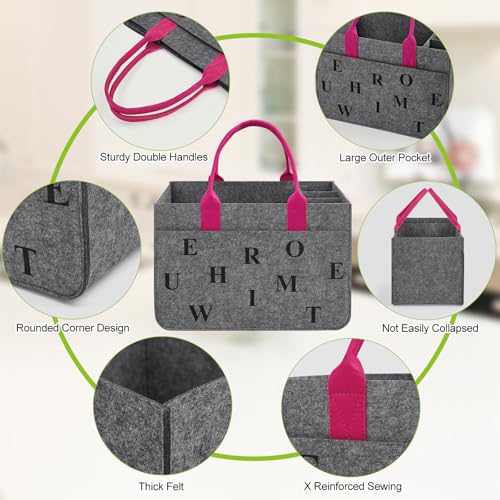 Eurhomewit Filz Einkaufskörbe Filztasche Einkaufstasche mit Fächern, Filztasche Groß 30L Faltbar Robust Flaschentasche Kaminholztasche Kleiderkorb Spielzeugtasche (Mittelgrau + Magenta/1 Stück)