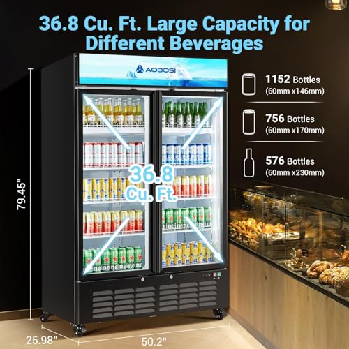 Image of AAOBOSI Commercial Beverage Refrigerator, 36.8 Cu.Ft Double Glass Door Beverage Fridge, Upright Display Refrigerator with Soft LED Light,Adjustable Shelves, Perfect for Home Bar, Patio, Garage, Black