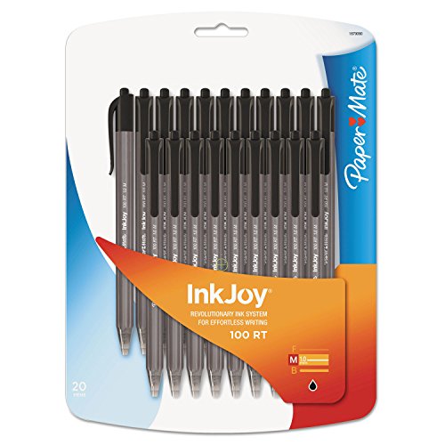 Image of Paper Mate Inkjoy 100 Rt Ballpoint Pen, Retractable, Medium 1 Mm, Black Ink, Black Barrel, 20 /Pack
