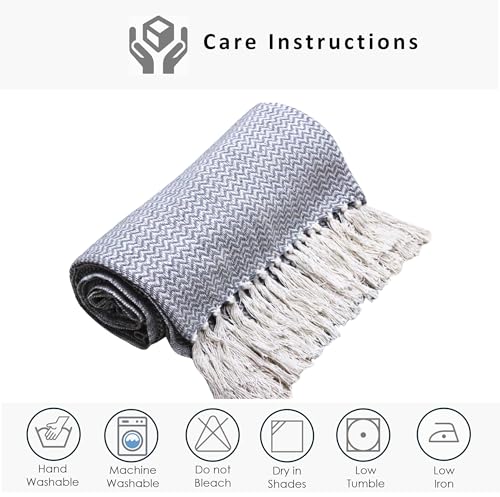 Image of Chevron 78x60 Inch Reversible Cotton Throw Blanket with Tassels| Blanket for Living Room, Sofa, Bed, Chair, Picnic & Used for Gift | Grey Narrow Chevron, Size - 200x150 Cm