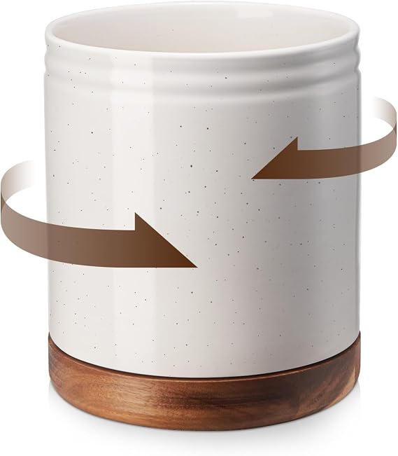 DOWAN 7.6" 360° Rotating Utensil Holder, Cooking Utensil Holder, Kitchen Utensil Holder for Countertop, Ceramic Utensil Crock, Large Utensil Holder for Kitchen Counter, Protection Cork Bottom, White