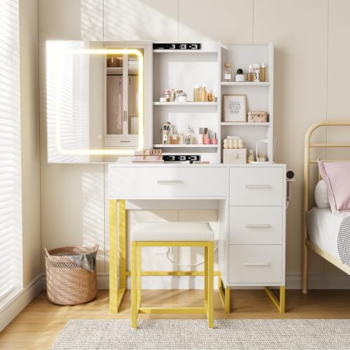Vanity Desk, Makeup Vanity Desk with Mirror and Lights, Power Outlets, Cushioned Chair, Hairdryer Holder, 3 Lighting Colors, 4 Drawers and 5 Storage Shelves for Bedroom