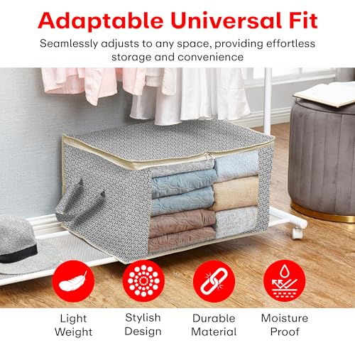 Image of PRIME PICK Foldable Storage Box with Lock Pattern Cloth Organizer, Large Capacity Wardrobe Storage Bin for Clothes Blankets Sarees, Grey, Size 28x60 CM, Pack of 1