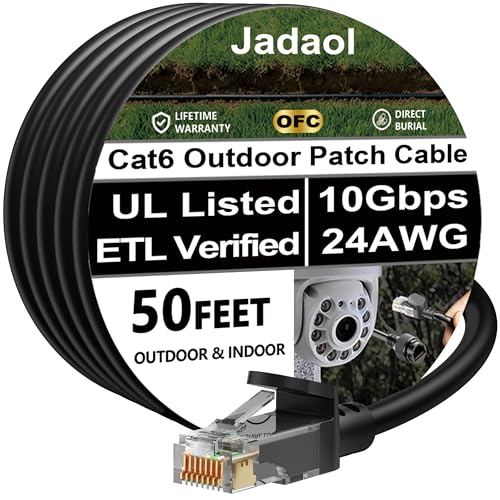 Cat6 Outdoor Ethernet Cable 50ft, 24AWG 10Gbps Support Cat8/7 Network, Pure Copper, Direct Burial Waterproof Underground Anti-UV (1Ft 3Ft 5Ft 10Ft 15Ft 20Ft 30Ft 40Ft 50Ft 60Ft 75Ft 100Ft 150ft 200ft)