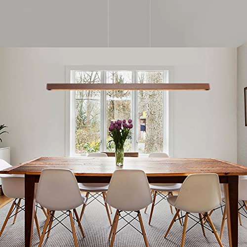 YISDESIGN 51\" Wood Linear Pendant Light Fixture Led Dimmable Ceiling Pendant Hanging Light Adjustable Billiard Pool Table Lights for Dining Room Kitchen Island Lights Walnut Color(Hand Crafted)