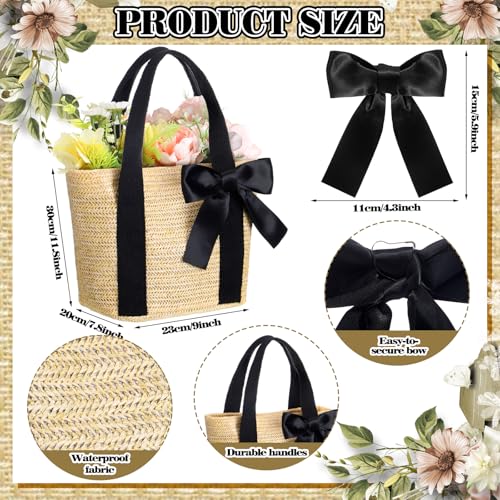 Clysee 6 Pcs Bridesmaid Straw Beach Bags Reusable Woven Burlap Tote Bags with Handles Ribbon for Bachelorette Wedding Gifts(Black) - Thumbnail 2