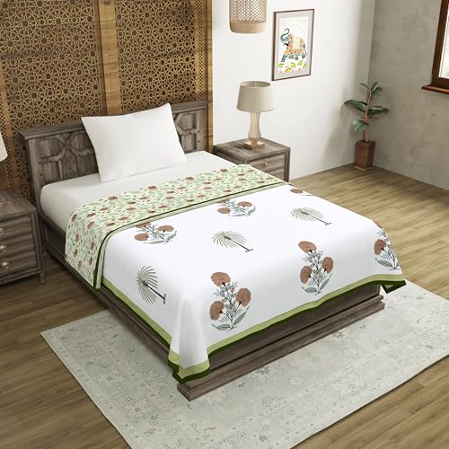 Image of BLOCKS OF INDIA Hand Block Printed Cotton Single Size Reversible Malmal Dohar for Summer (Open Green Motif)
