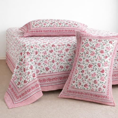 Image of ElanorHomes 240 TC Cotton Double King Size Bedsheet | Ultra-Soft & Skin-Safe | Breathable Summer Comfort | 93x108 inches with 2 Pillow Covers (Pink Shalimar Jaal)