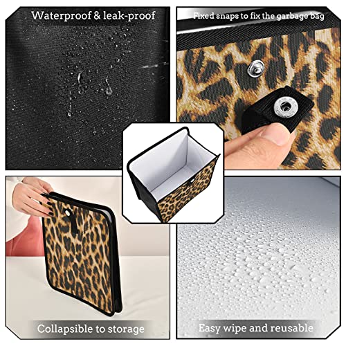 Image of Vintage Brown Leopard Print Car Trash Can, Foldable Hanging Cheetah Trash Bag, Waterproof Animal Skin Small Car Accessories Garbage Bin