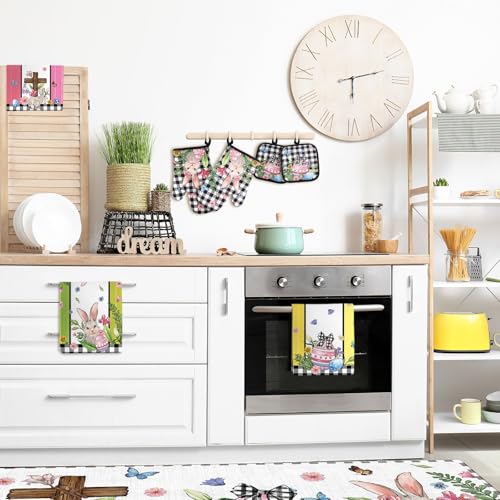 snaxuda 10 Pcs Kitchen Decor Set Bunny Kitchen Towels and Rugs Oven Mitts Pot Holders Absorbent Towels for Baking Cooking BBQ Gifts Home Decor Easter - image 5